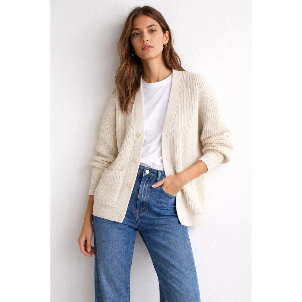 ZARA Cream‎ Ribbed Knit Button Front Cardigan Sweater Pockets Women's Size S